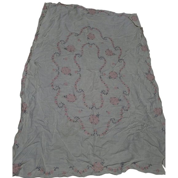 1950s White Kinen Hand Stitched Pink Grey Embroidered Flowers 47x62 in Vintage - Picture 1 of 8